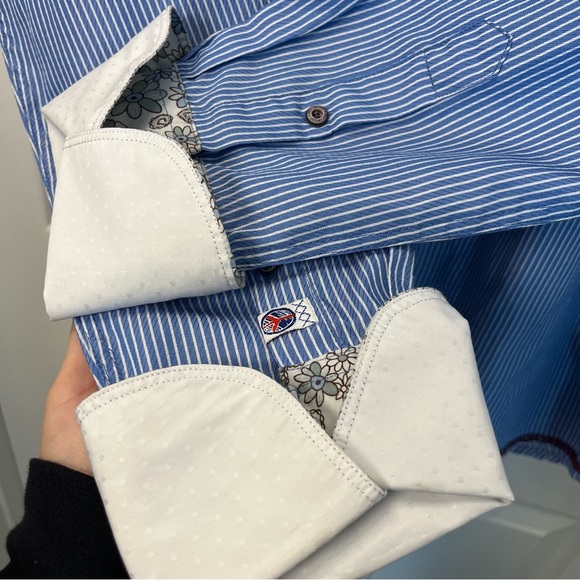 John Lennon Blue Striped Button-Up Men M Shirt White Collar Floral Embroidered - Picture 2 of 13